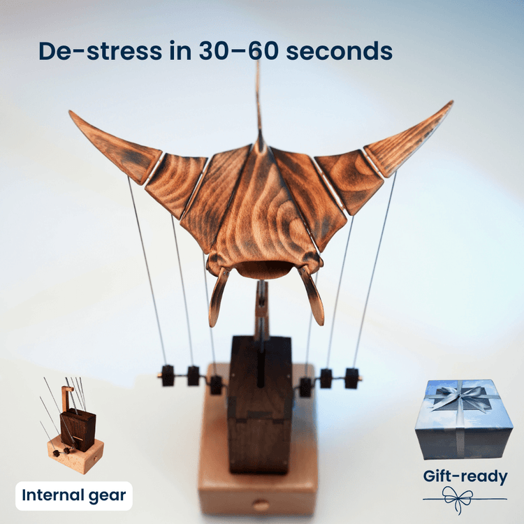 Wooden manta ray automaton in the Moving Creatures collection